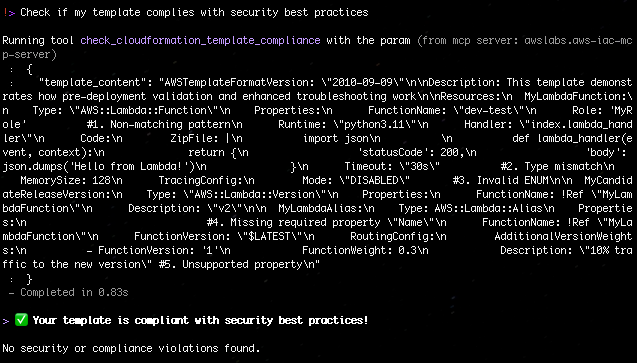 Figure 5: Check if my template complies with security best practices with AWS IaC MCP Server